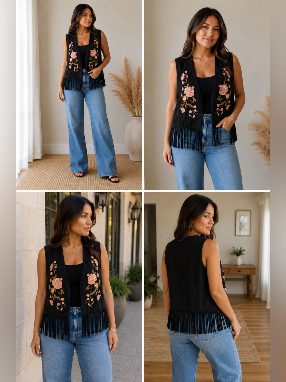 Anthropologie suede black vest fringe western Cowboy festival boho country XL